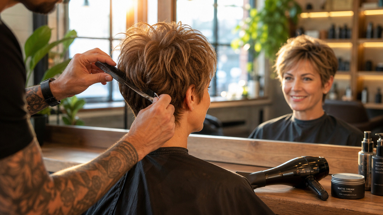 Cliente sorridente com cabelo curto sendo cortado por cabeleireiro em salão iluminado naturalmente.