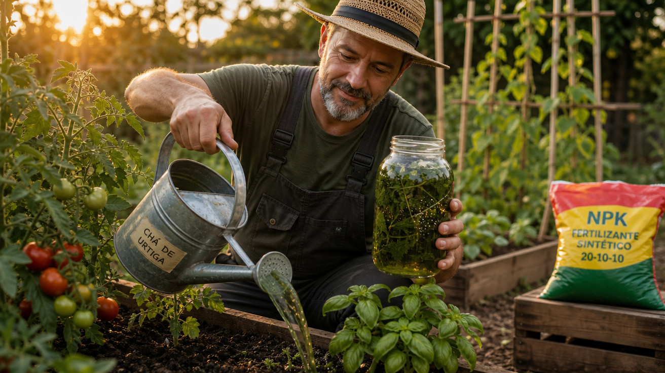 Homem regando planta com chá de urtiga em horta caseira ao pôr do sol, com fertilizante ao fundo.