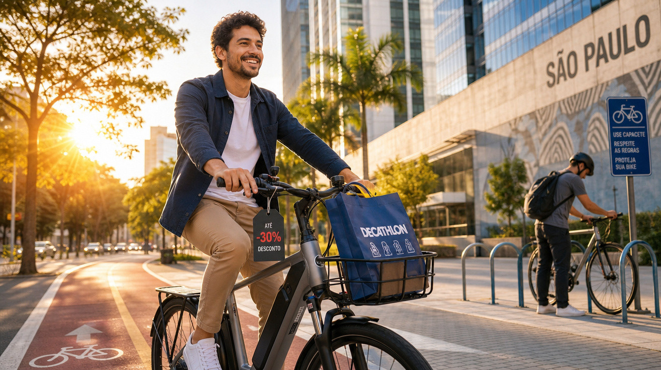 Homem sorridente andando de bicicleta elétrica com sacola da Decathlon em ciclovia em São Paulo ao pôr do sol.