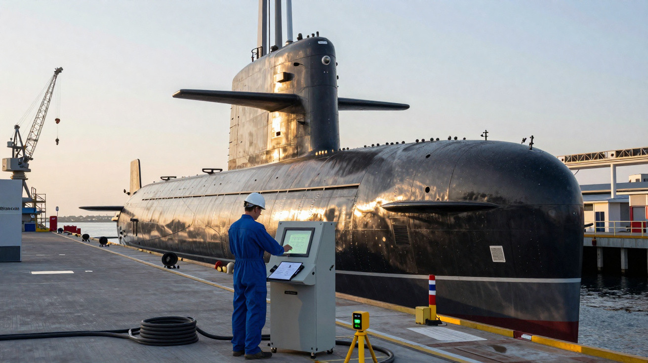 Submarino preto atracado em doca com trabalhador em macacão azul e capacete operando equipamento.
