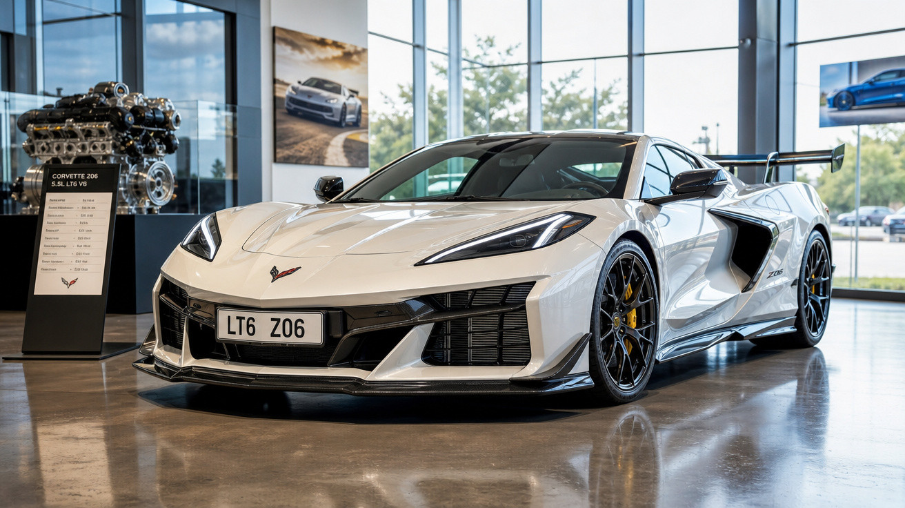 Carro esportivo branco Chevrolet Corvette Z06 exposto em showroom moderno com motor ao fundo.