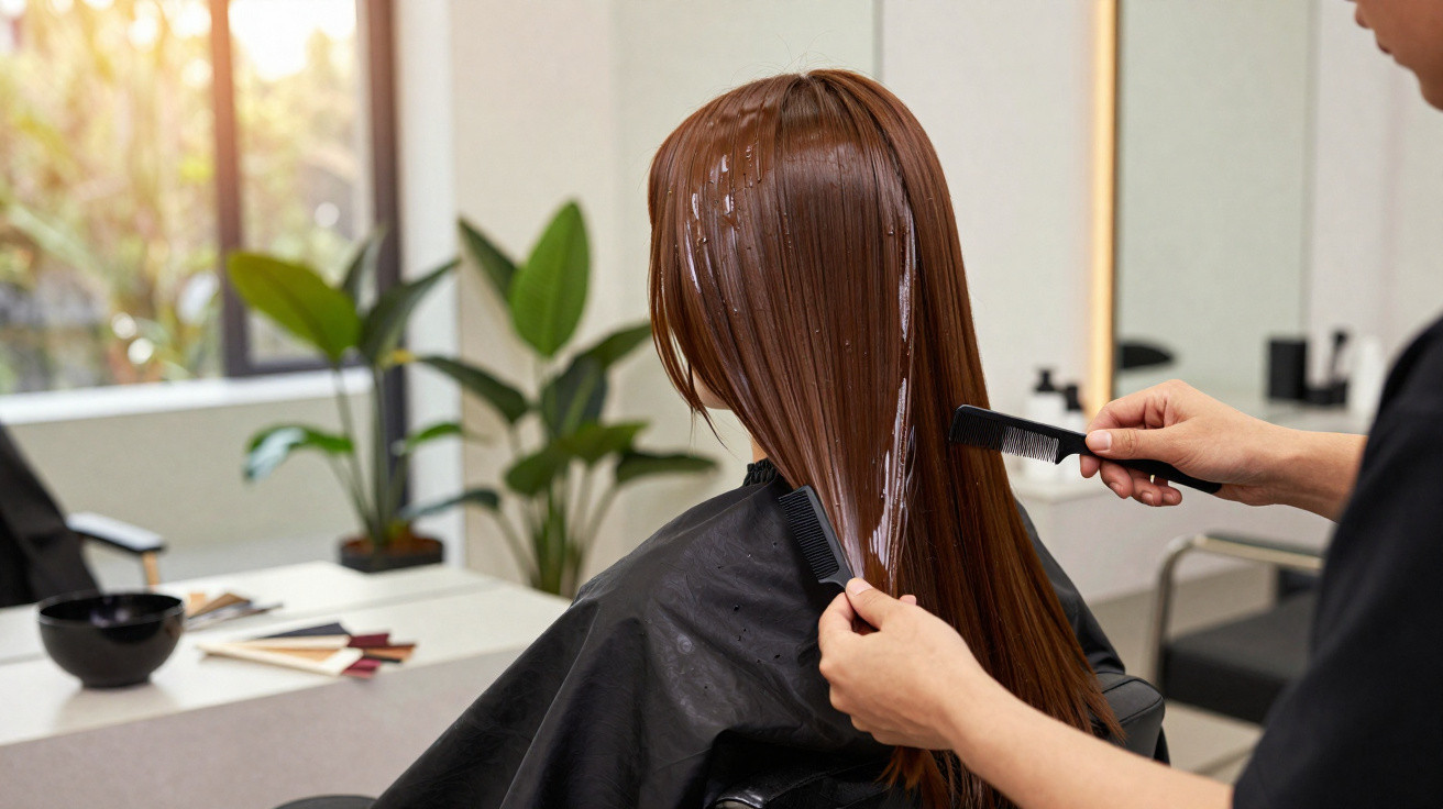 Profissional penteando cabelo molhado de cliente sentada em salão de beleza moderno e iluminado.
