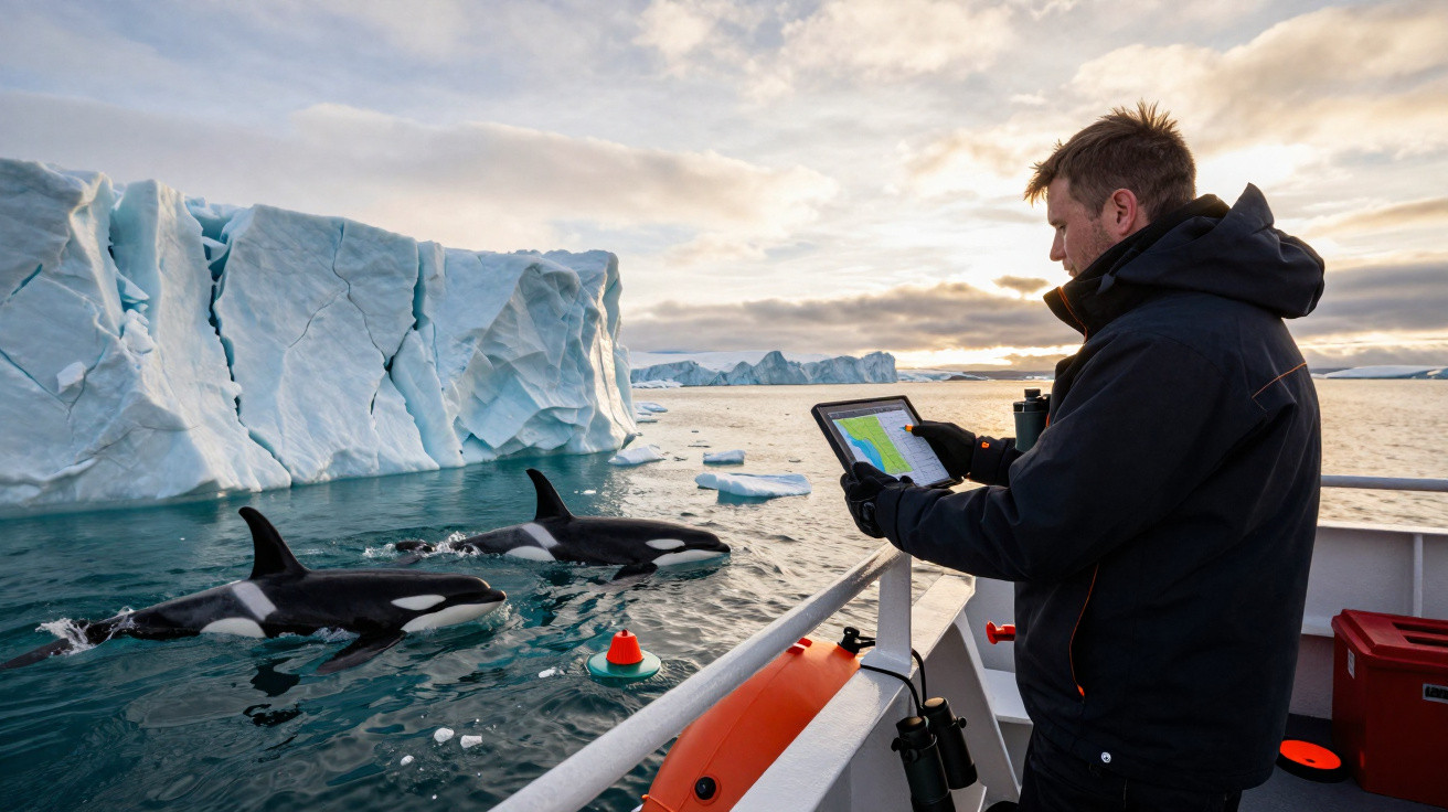 Homem em barco observando orcas próximas a iceberg sob céu nublado no mar gelado.