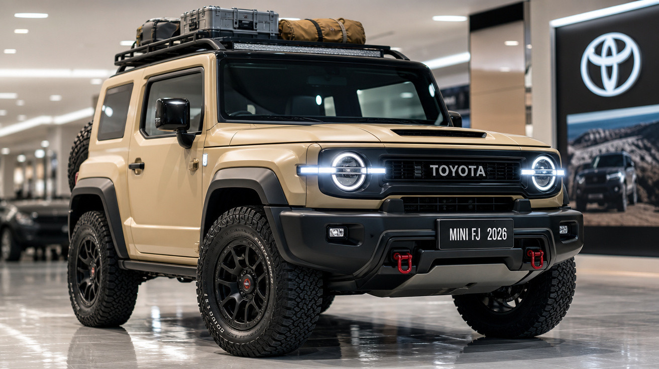 Carro SUV Toyota Mini FJ 2026 bege com faróis de LED circulares e bagageiro de teto em showroom.