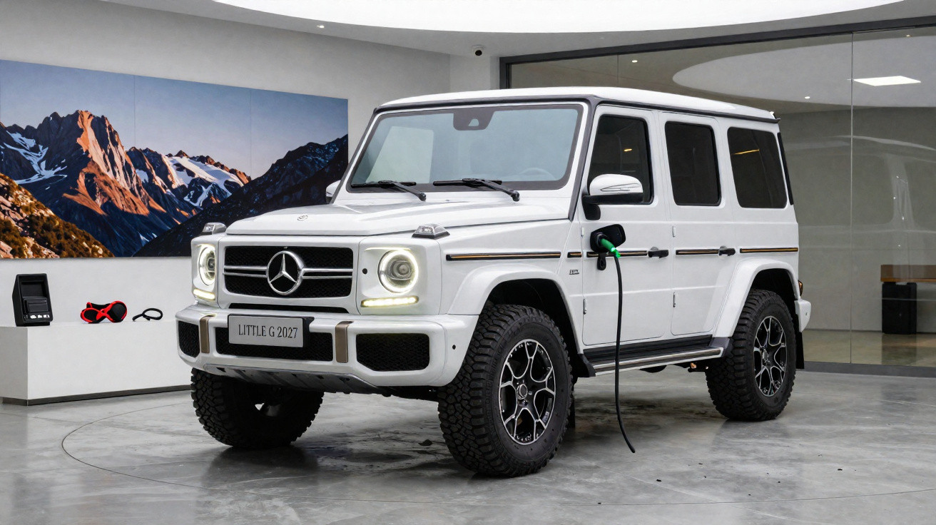Carro elétrico Mercedes-Benz G-Class branco carregando em estação interna com parede de vidro e foto de montanhas.
