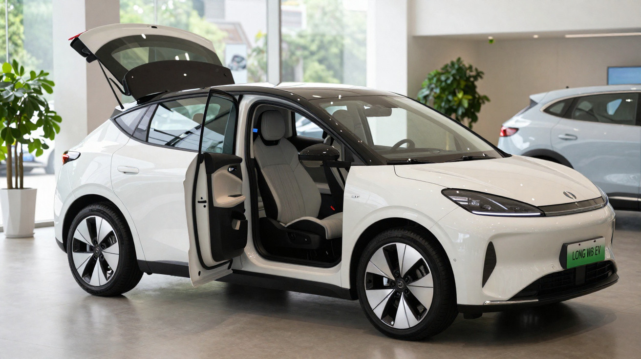 Carro elétrico branco com portas dianteira e traseira abertas exibido em showroom moderno.