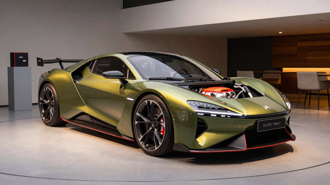 Carro esportivo verde metálico exposto em ambiente interno com motor visível no capô aberto.
