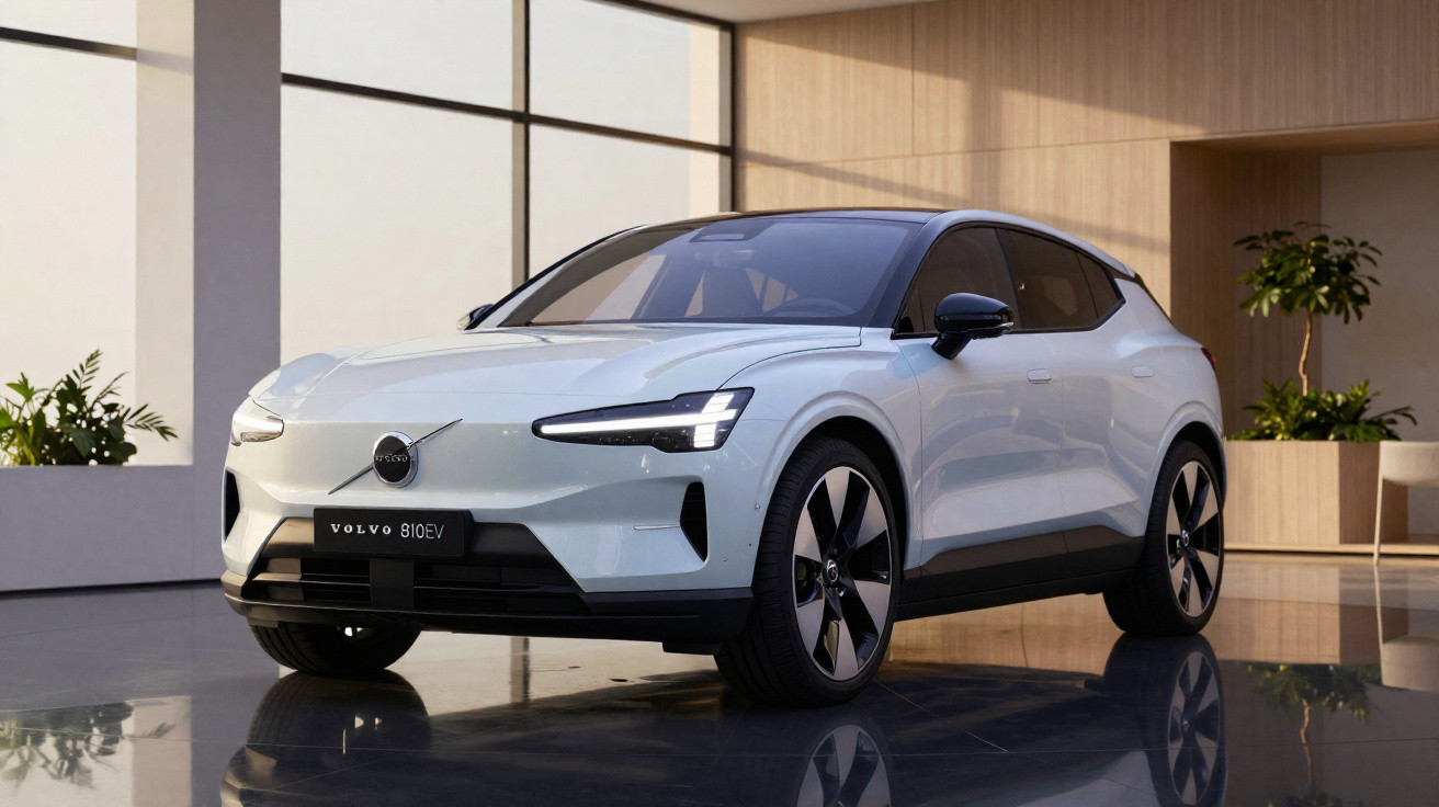Carro elétrico Volvo 810 EV branco em ambiente interno moderno com plantas e luz natural.