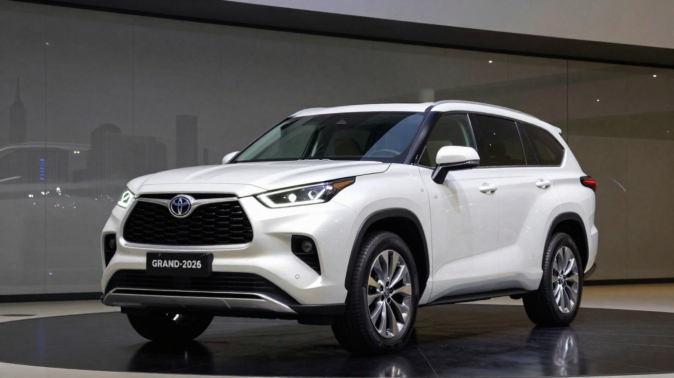 SUV branco Toyota Grand 2026 estacionado em ambiente interno moderno e iluminado.