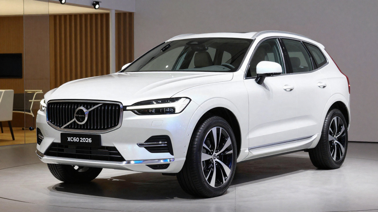 Carro SUV branco Volvo XC60 2026 exibido em ambiente interno moderno.