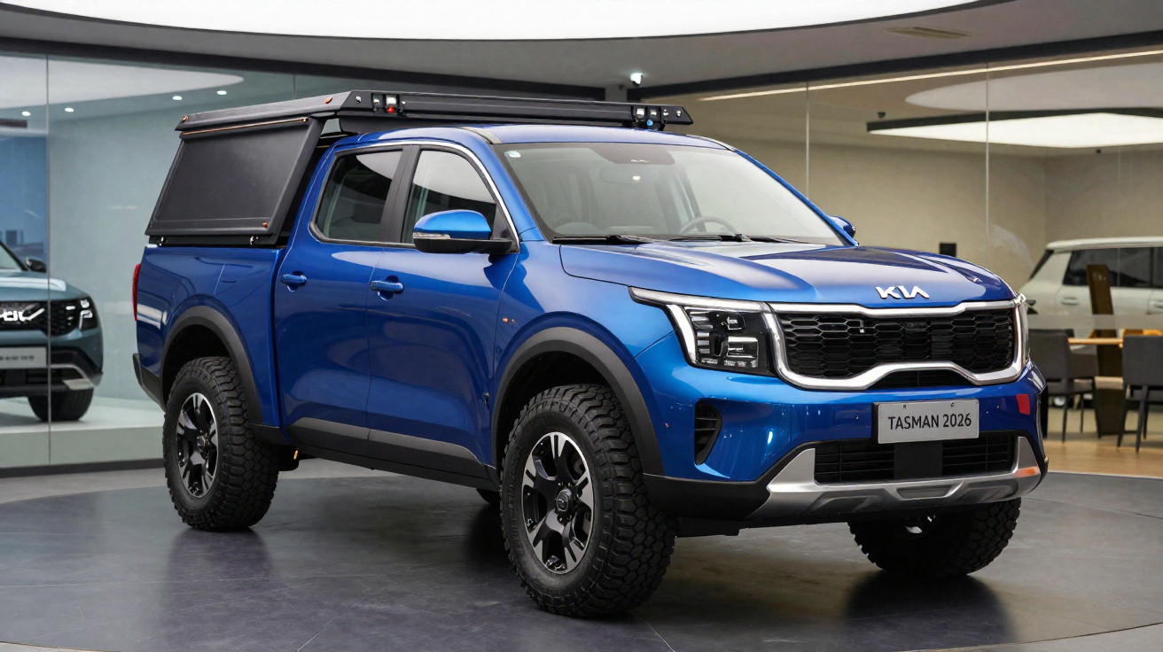 Picape azul Kia Tasman 2026 com capota preta fechada em showroom moderno.