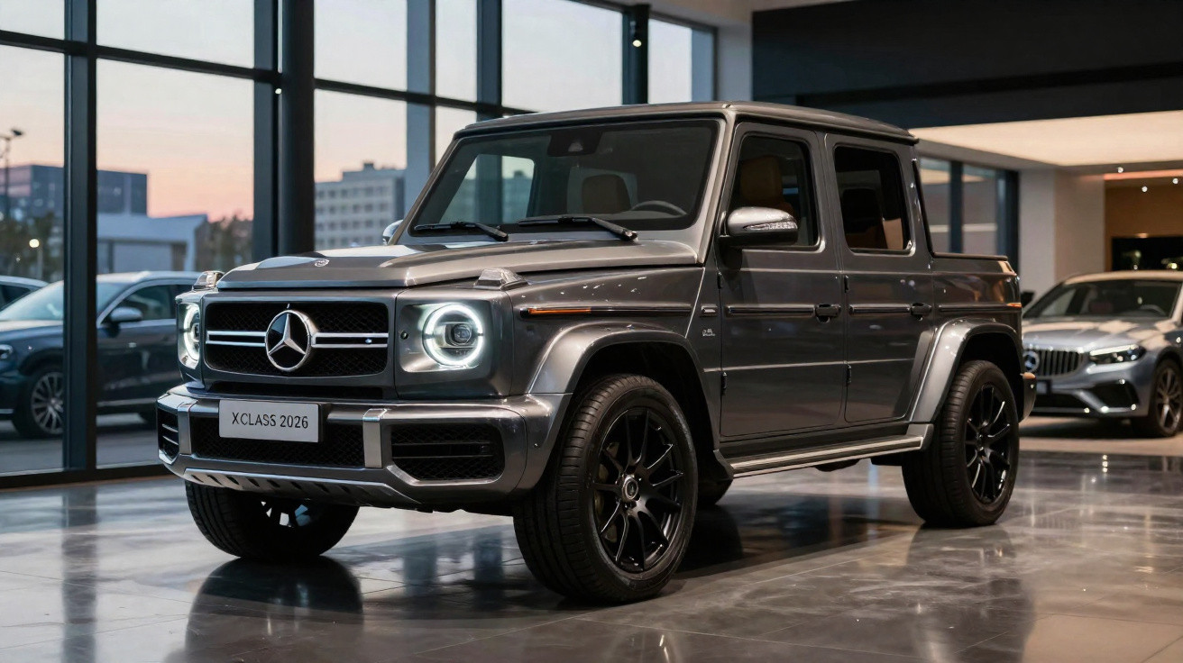 Mercedes-Benz X Class 2026 cinza estacionada em showroom moderno com janelas amplas.