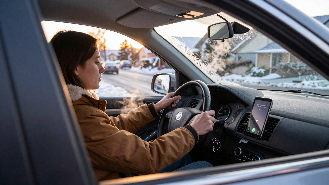 Mulher dirigindo carro pela manhã fria, com vapor saindo da boca e neve ao redor.