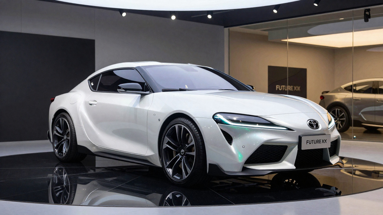 Carro esportivo branco Toyota Future XX exposto em estande moderno com iluminação suave e piso refletivo.