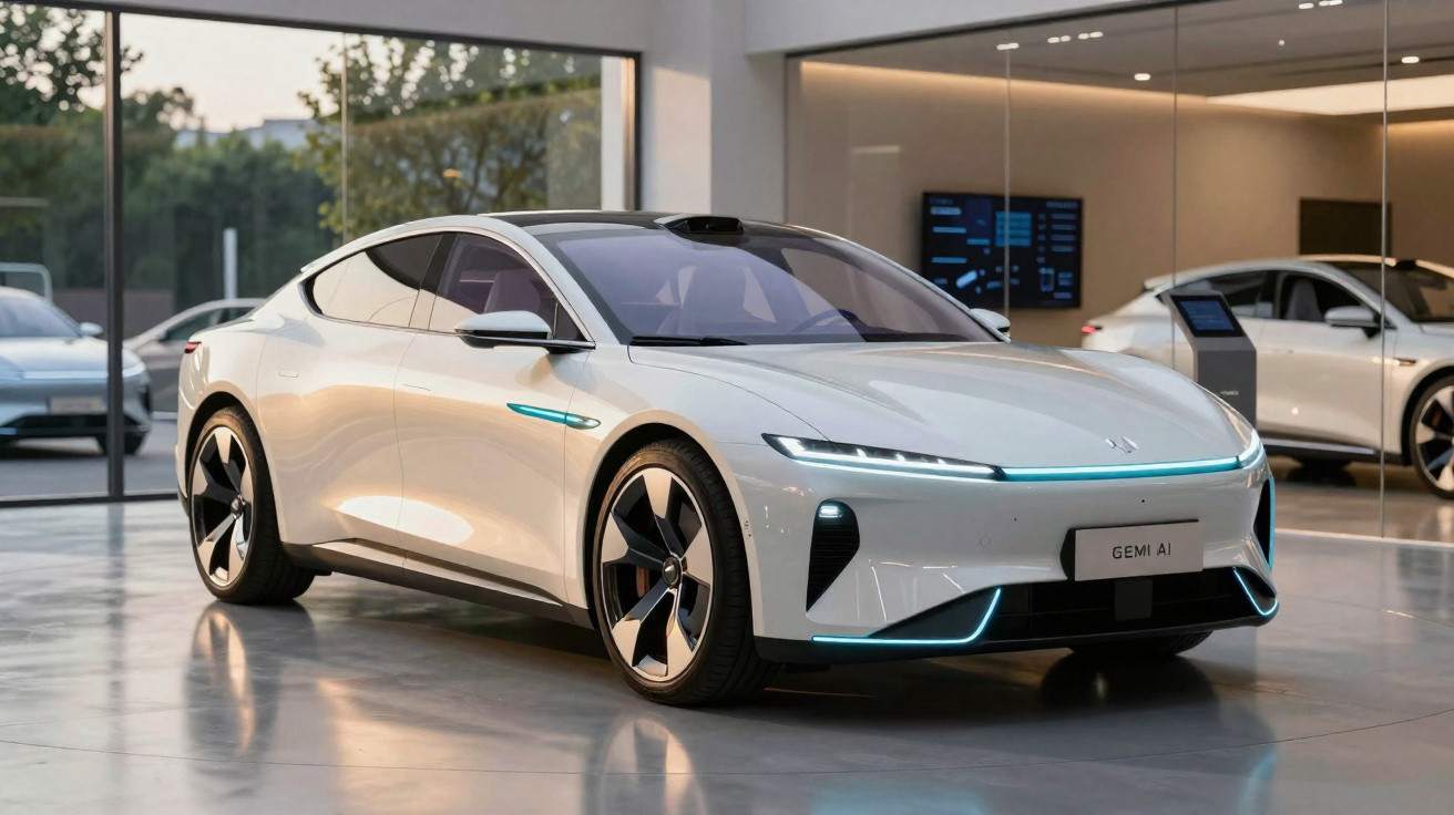 Carro elétrico branco moderno estacionado em showroom com iluminação suave e design aerodinâmico.