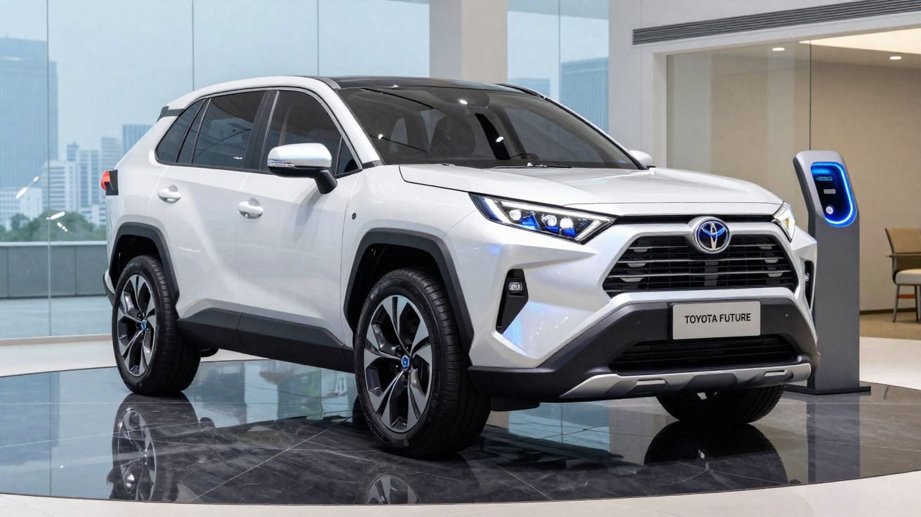 SUV elétrico branco Toyota Future estacionado em showroom moderno com carregador ao fundo.