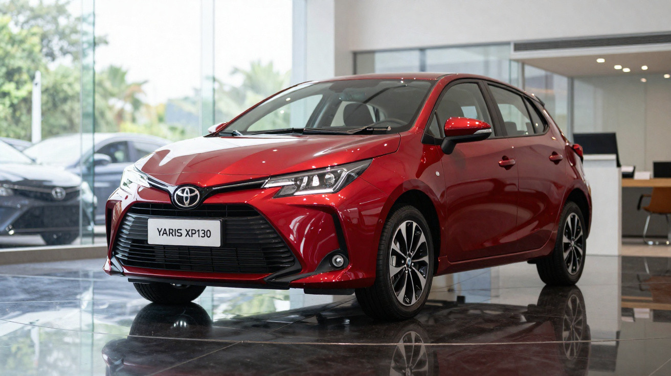 Carro Toyota Yaris XP130 vermelho exibido em showroom com piso refletivo e ambiente moderno.