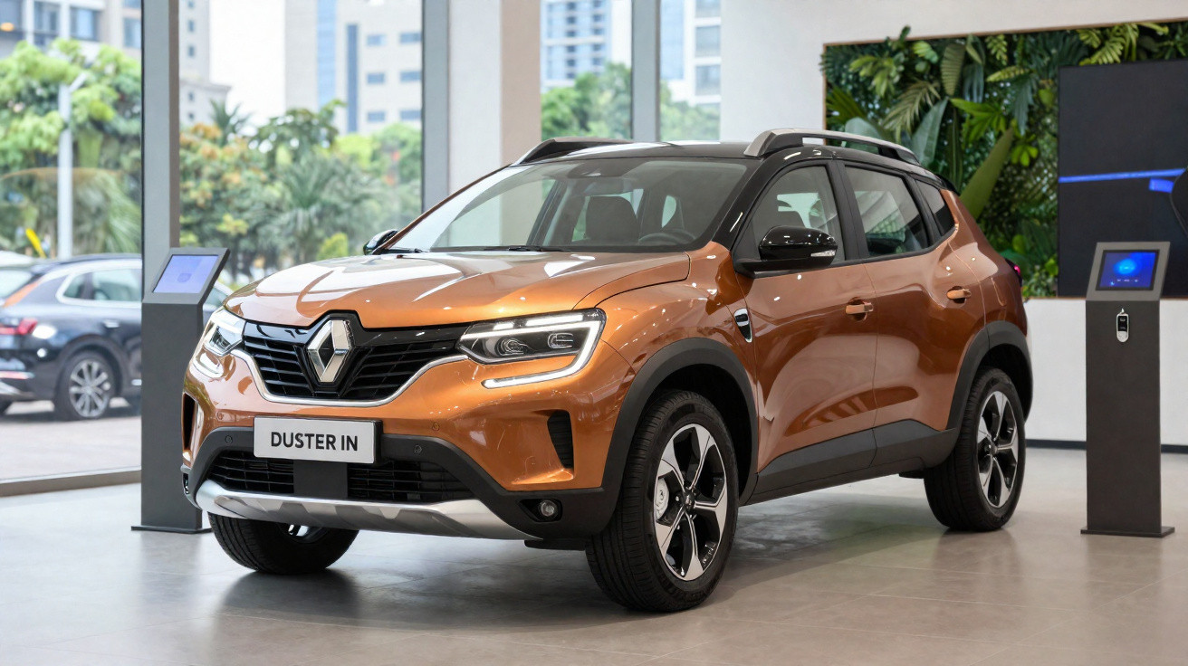 SUV Renault Duster IN bronze exposta em showroom moderno com painéis verdes e vitrines amplas.