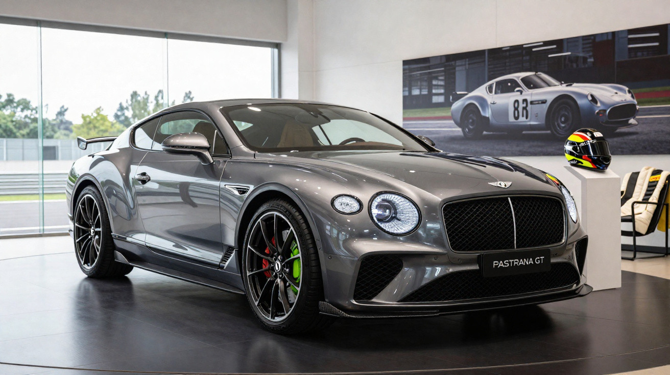 Carro esportivo cinza Bentley Pastrana GT em exposição com capacete de corrida colorido ao lado.