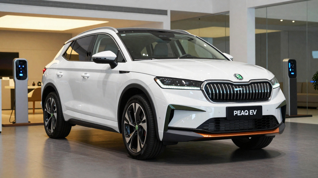 Carro elétrico branco Škoda Enyaq Coupé iV PHEV em showroom com estação de carregamento ao fundo.