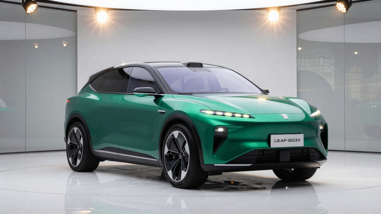 Carro elétrico SUV verde com design moderno exibido em ambiente fechado iluminado.