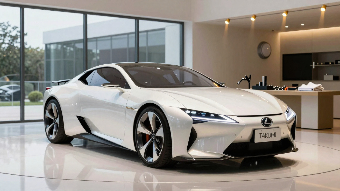 Carro esportivo branco Lexus Takumi em showroom moderno com acabamento minimalista e iluminação interna.