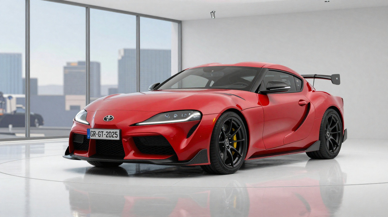 Carro esportivo vermelho Toyota Supra estacionado em showroom com grandes janelas ao fundo.