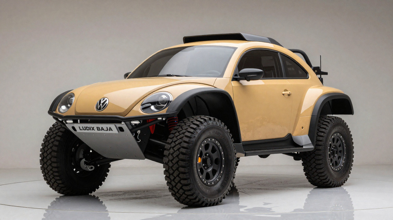 Carro off-road Volkswagen customizado modelo Fusca amarelo com pneus grandes e reforço na dianteira.