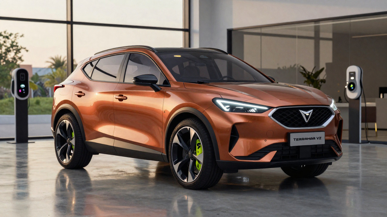 SUV elétrico cobre estacionado em garagem moderna com dois carregadores elétricos ao fundo.