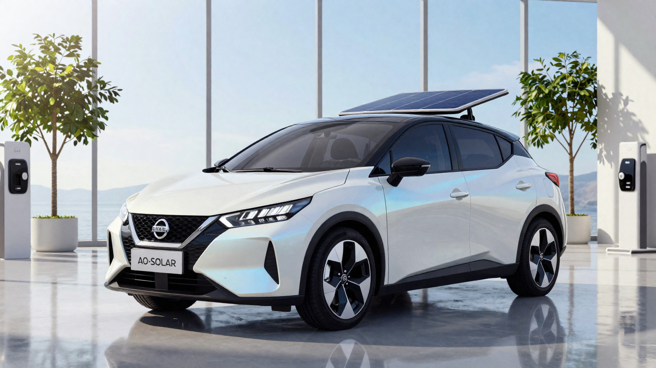 Carro elétrico branco com painel solar no teto em ambiente interno moderno com árvores e estações de carregamento.