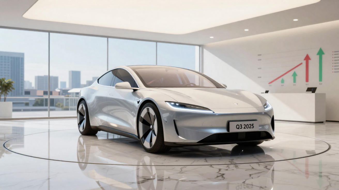 Carro elétrico prata futurista exposto em ambiente moderno com piso de mármore e gráficos no fundo.