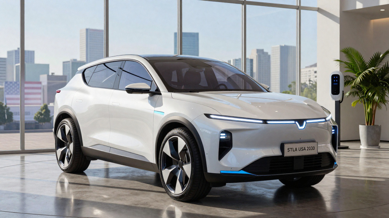 Carro elétrico branco moderno estacionado em garagem com janelas grandes e carregador ao lado.