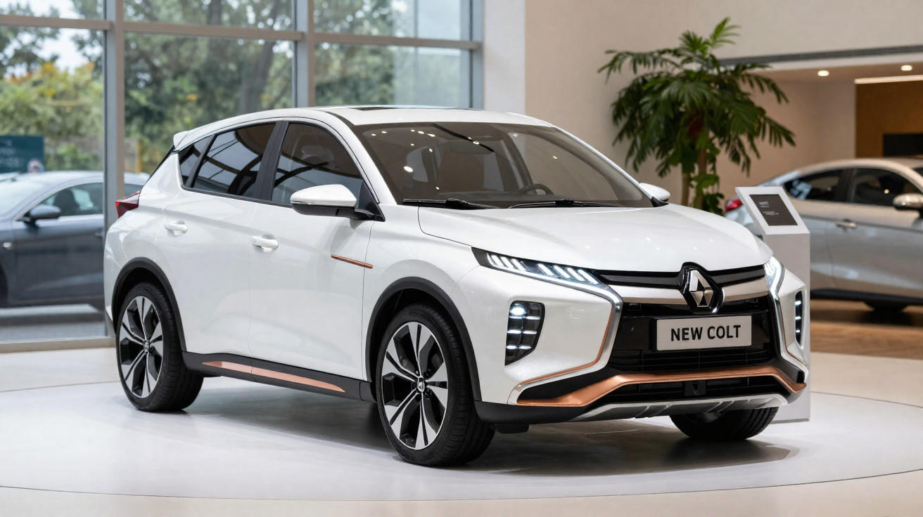 Carro branco Renault New Colt exposto em showroom moderno com detalhes em cobre e rodas esportivas.