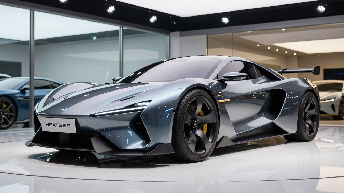 Carro esportivo cinza metalizado com design futurista em exposição em showroom moderno.