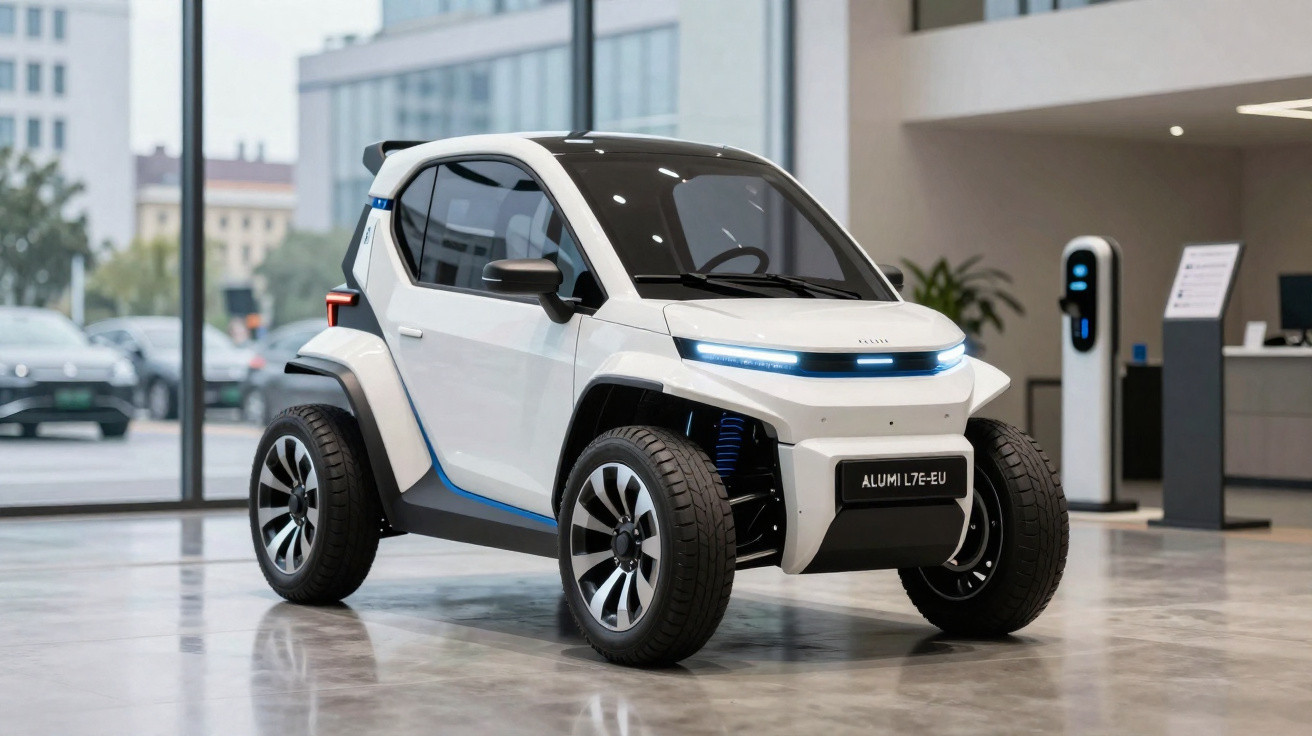 Carro elétrico compacto branco estacionado em ambiente interno moderno e espaçoso.