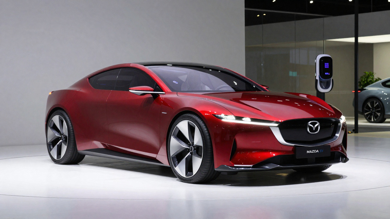 Carro esportivo vermelho Mazda em exposição, com carregador de veículo elétrico ao fundo.
