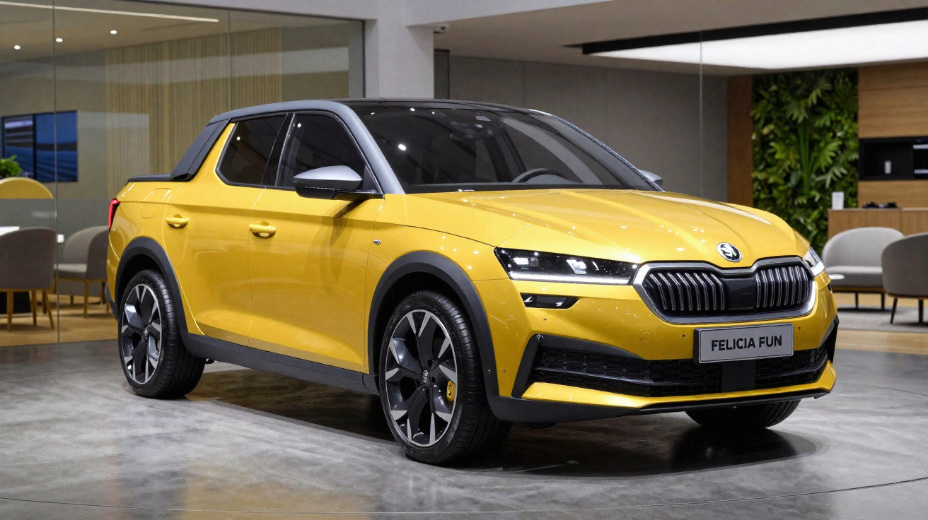Carro amarelo Skoda Felicia Fun em exposição interna, com design moderno e detalhes em preto.