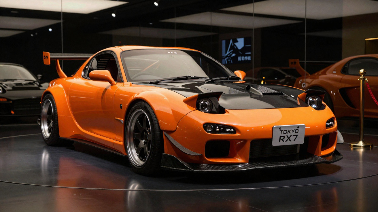 Carro esportivo laranja Mazda RX-7 com detalhes pretos, exibido em ambiente interno moderno.