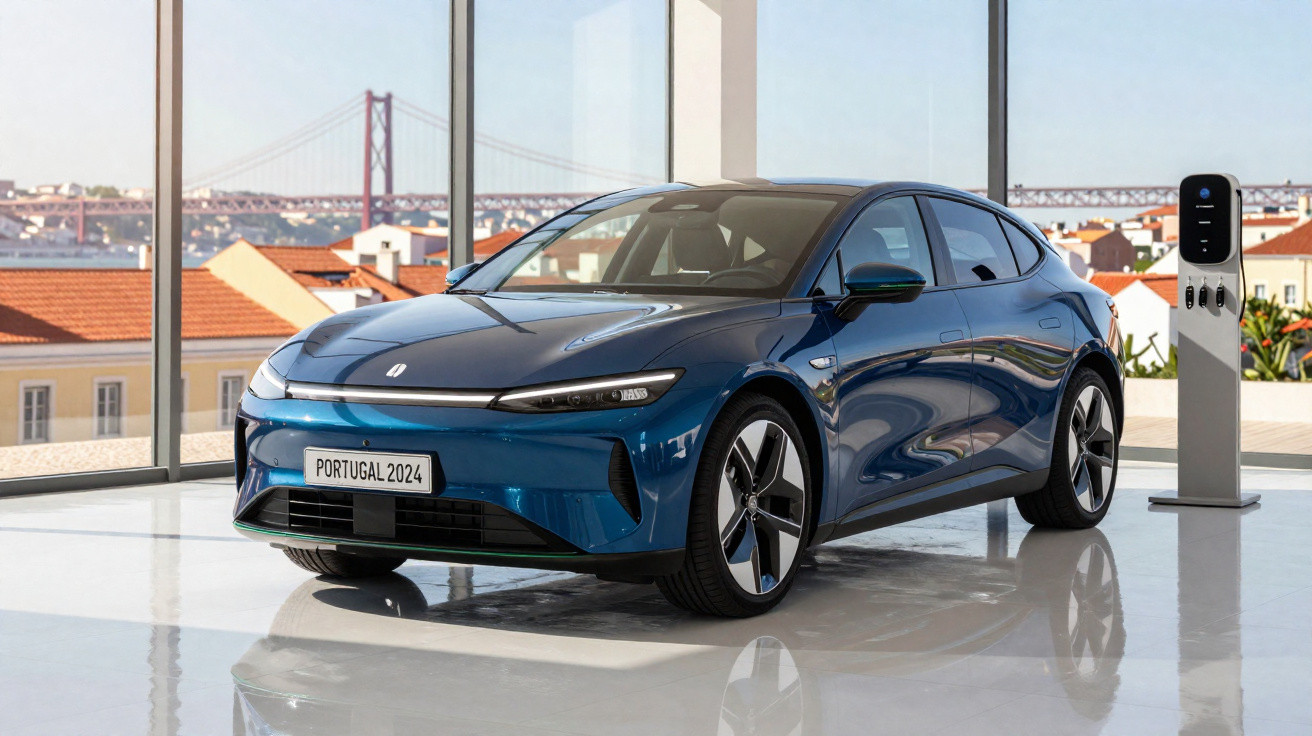 Carro elétrico azul estacionado ao lado de carregador em ambiente moderno com vista para ponte e casas.