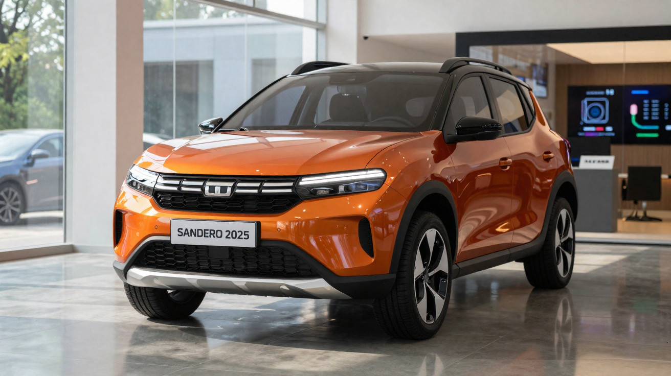 Carro Sandero 2025 laranja com teto preto exibido em showroom moderno.