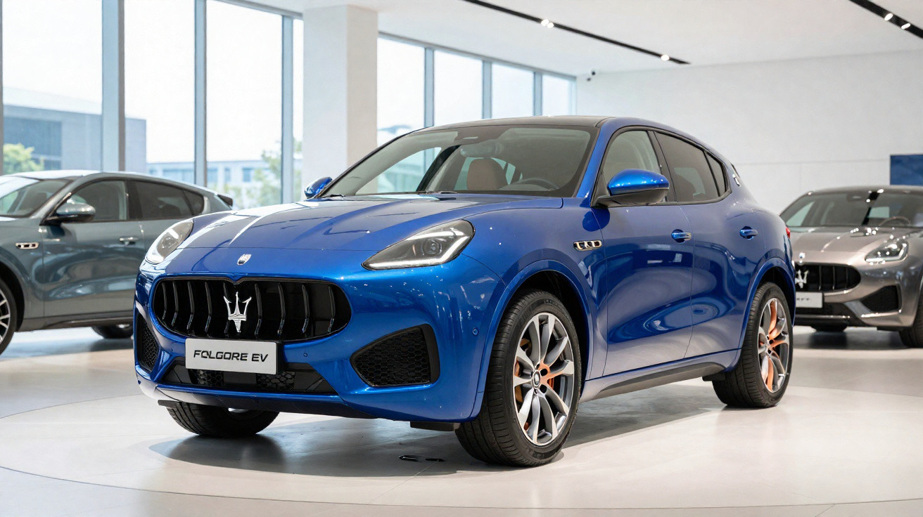 SUV azul Maserati Folgore EV em exposição em showroom com outros carros ao fundo.