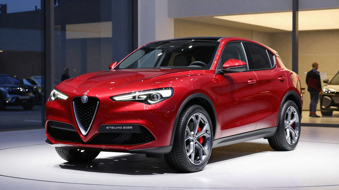 Carro vermelho Alfa Romeo Stelvio 2025 exibido em showroom moderno com iluminação branca.