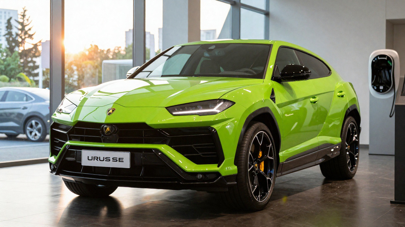 Carro esportivo SUV Lamborghini Urus SE verde em exposição dentro de showroom moderno.