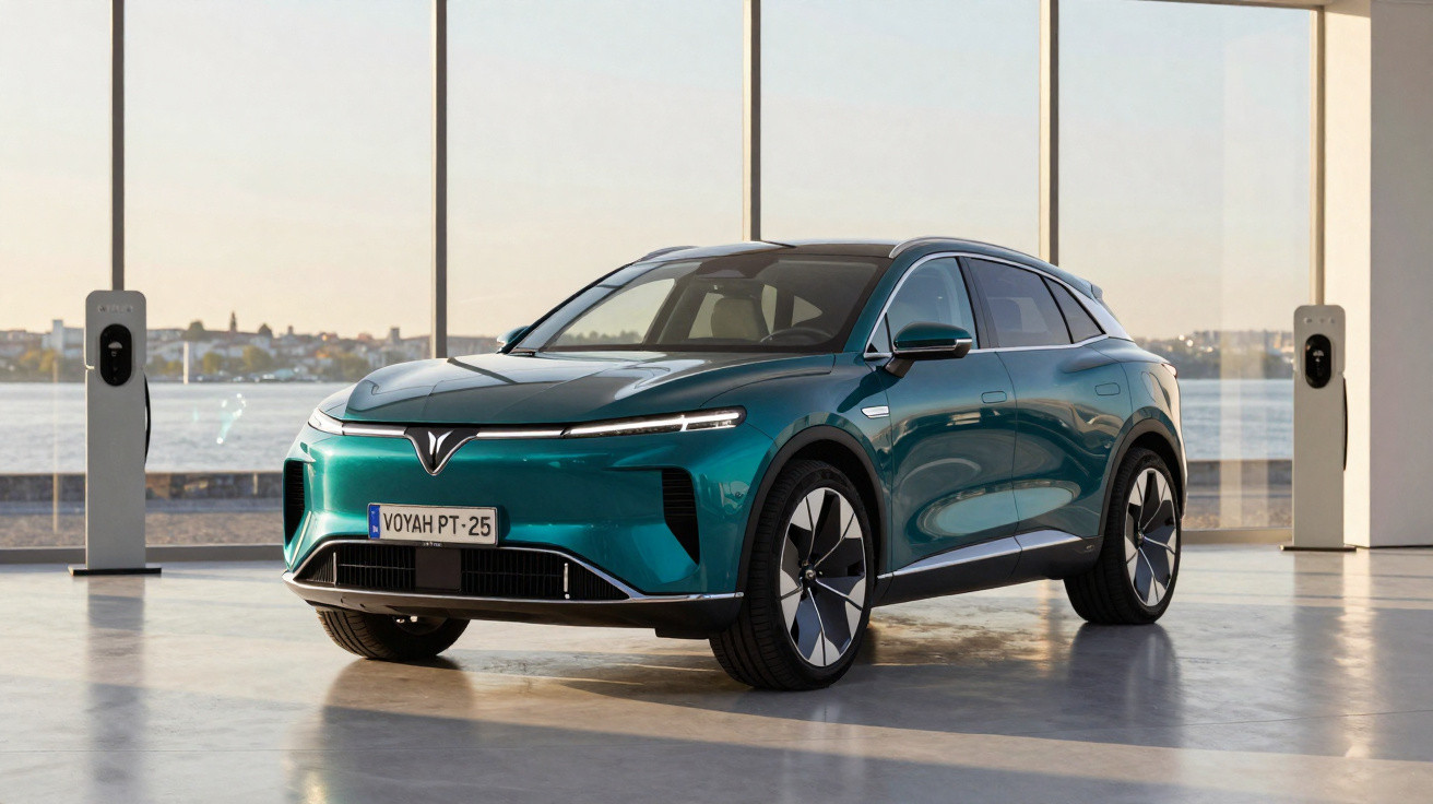 Carro elétrico SUV azul-esverdeado estacionado em showroom moderno com estações de carregamento.