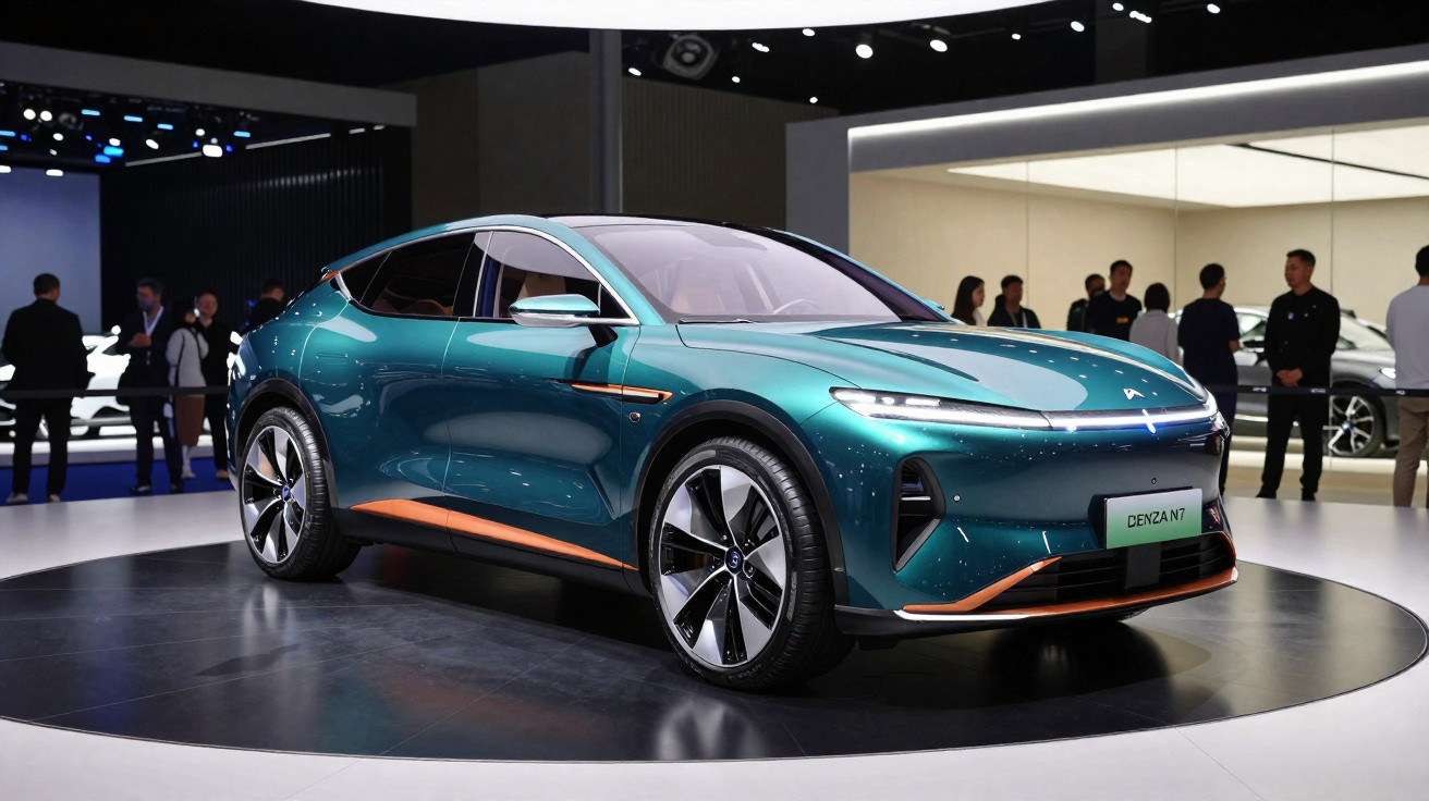 Carro elétrico verde metálico em exibição em evento automotivo com pessoas ao fundo.