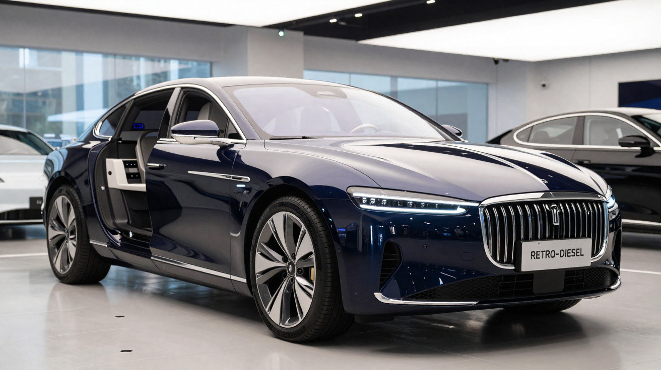 Carro sedã azul-marinho com porta traseira traseira aberta em showroom moderno.