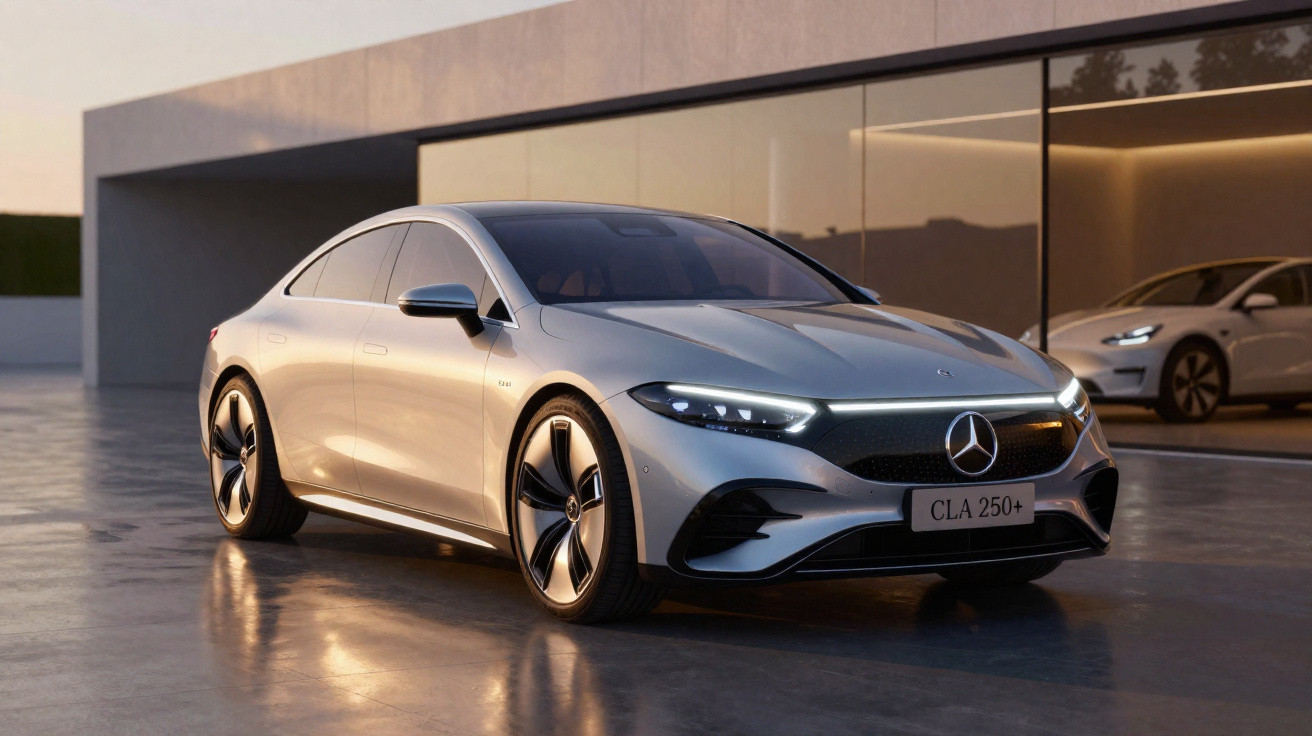 Carro elétrico Mercedes-Benz CLA 250+ prata estacionado em frente a garagem moderna ao entardecer.