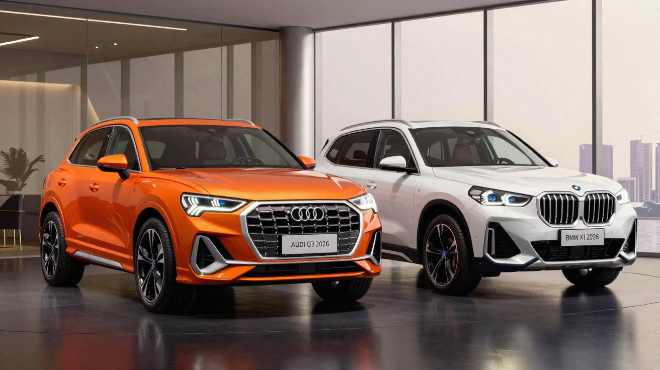 Audi Q3 2026 laranja e BMW X1 2026 branco lado a lado em showroom moderno com paredes de vidro.