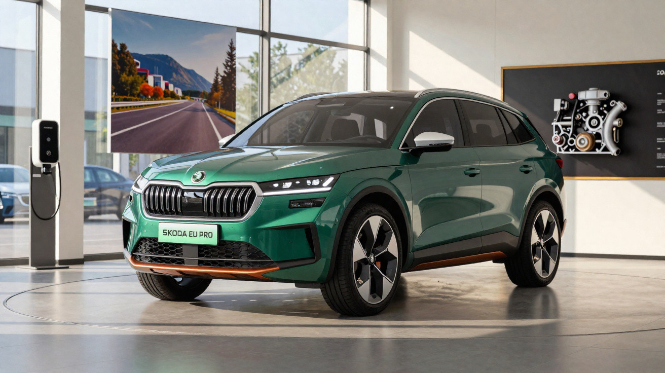 Carro SUV Skoda Eu Pro verde em exposição dentro de showroom moderno e iluminado.