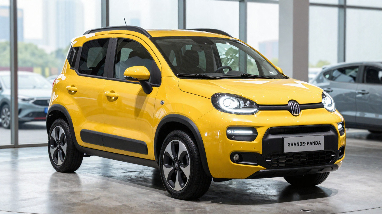Carro compacto Fiat Grande Panda amarelo estacionado em showroom com piso de concreto e janelas de vidro.